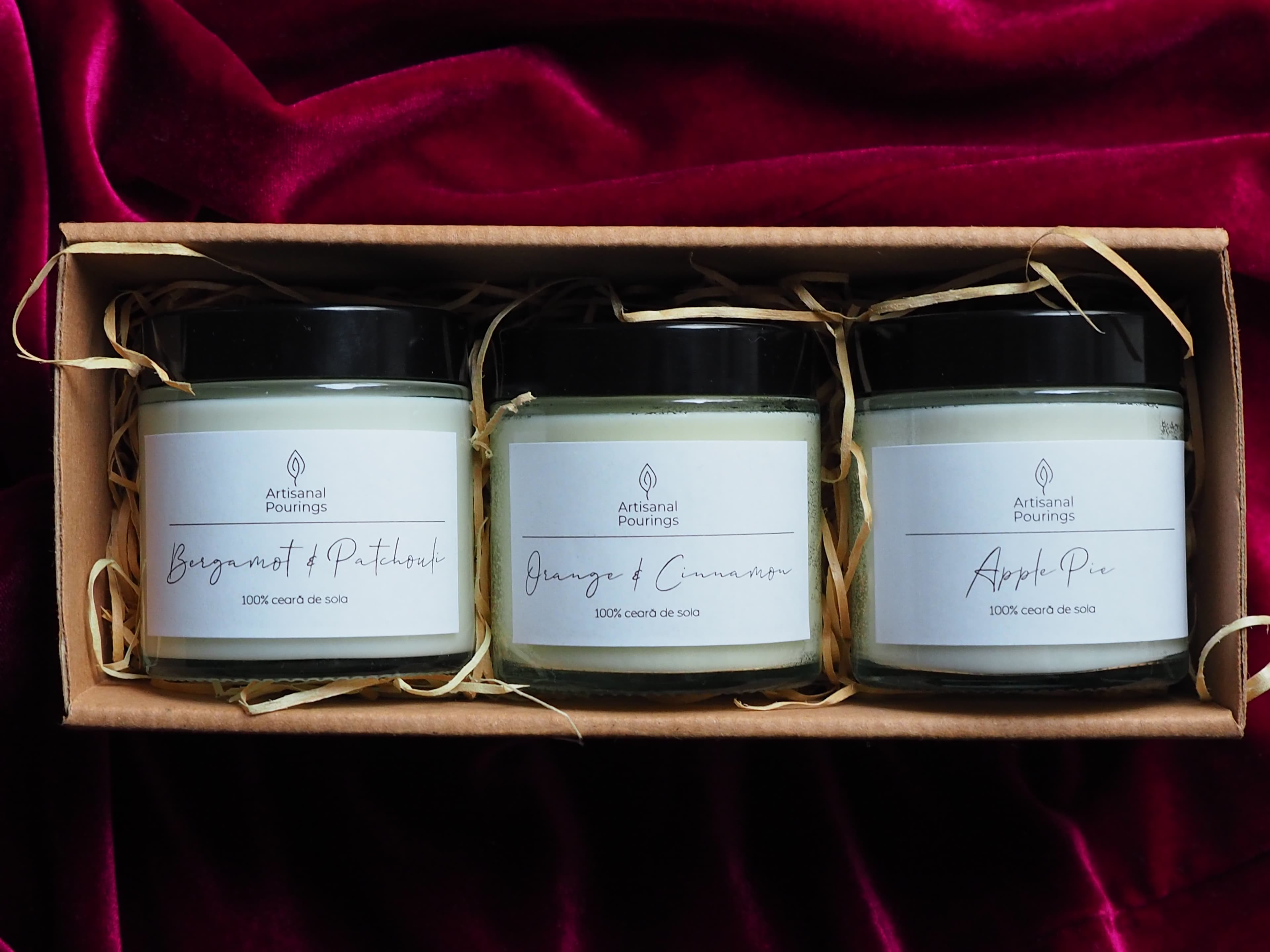 Set 3 lumânări parfumate ceară de soia - Bergamot&Patchouli, Orange&Cinnamon, Apple Pie